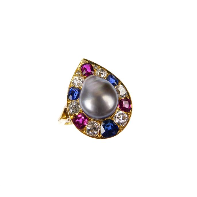 Antique grey pearl, ruby, sapphire and diamond cluster ring | MasterArt